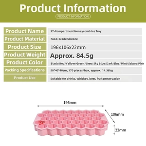 Detailed specs of pink 37-cell honeycomb silicone ice cube tray with dimensions