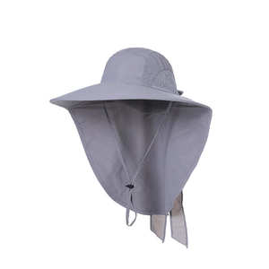 Detail of grey quick-dry sun hat with wide brim, neck flap and breathable mesh side panels