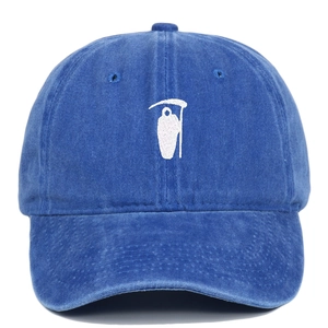 Close-up of Reaper embroidery on vintage washed cotton dark blue baseball cap