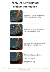 Detailed size and weight specifications for gold-plated zircon necklaces and jewelry set