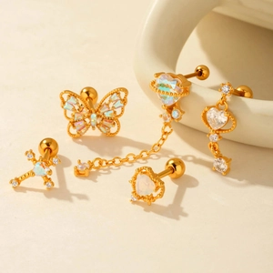 Titanium steel stud earring set with gold butterfly heart shapes and cubic zirconia