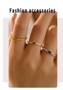 Detailed close-up of 18k gold plated square glass stone rings with pavé side accents
