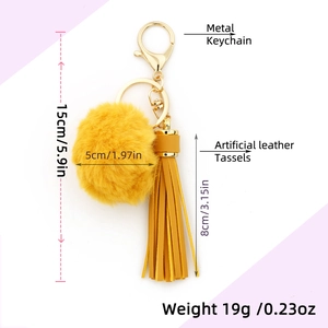 Yellow faux leather tassel and 5cm plush ball keychain with metal hardware dimensions