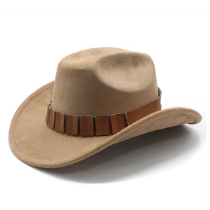 Chapeau fedora en suédine kaki à large bord avec bandeau décoratif en cuir brun
