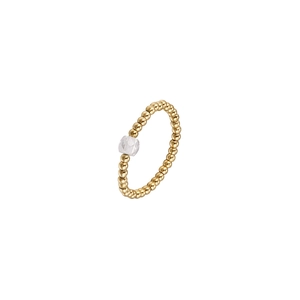 Detailed view of elastic gold bead ring featuring a sparkling central zircon gemstone
