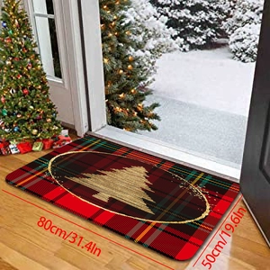 Christmas plaid doormat with gold tree design in 80x50cm size for holiday home decor