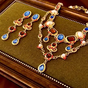 Vintage palace style jewelry set with double-layer gemstone necklace and tassel earrings
