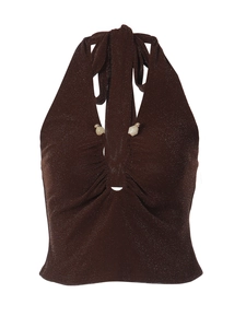 Sexy halter tie crop top for women in brown glitter fabric with yellow bead accents