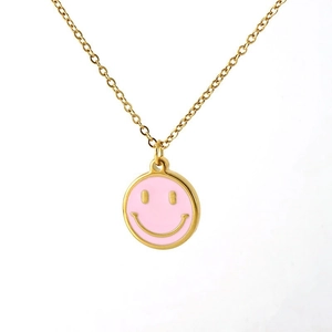 Minimalist 18K gold plated necklace with a pink enamel round smiley face pendant
