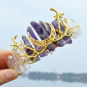 Bohemian crown with natural amethyst crystals and golden moon on a branch headband
