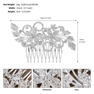 Detailed view of silver bridal hair comb with rhinestone flower patterns and alloy base