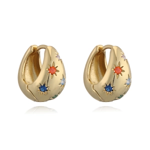 Golden U-shaped hoop earrings with colorful star-shaped zircon stones and polished finish