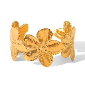 Golden stainless steel necklace featuring textured floral patterns on a white background