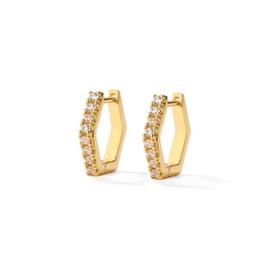 Elegant gold hexagonal earrings with pavé set cubic zirconia on a white background