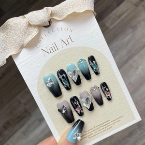 Handmade gradient blue and black press-on nails with luxury 3D butterfly and crystals