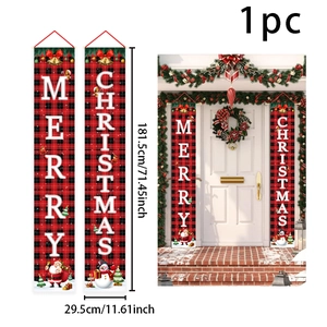 Outdoor Christmas porch banners in red black plaid with Merry Christmas text and snowman