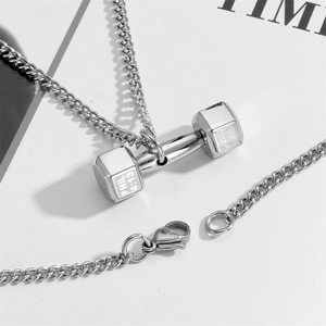 Silver stainless steel dumbbell pendant necklace with Cuban chain and PHIL 4:13 engraving