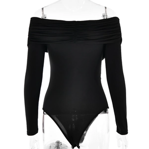 Detail view of the sleek V-neck off-shoulder long sleeve bodysuit in classic solid black