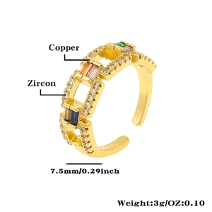Macro shot of 18K gold plated ring with multicolor zircon stones and product dimensions