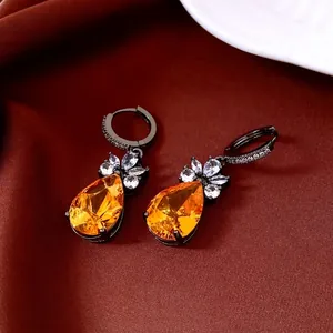 Vintage Pear Cut Orange Zircon Dangle Earrings Women Copper Black Plated Retro Luxury Floral Drop Jewelry Steel Earring Post