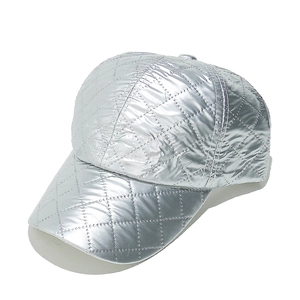 Silver metallic baseball cap with quilted diamond pattern and a curved brim for women