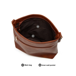 Brown leather tote bag interior view with main bag and inner wall pocket storage