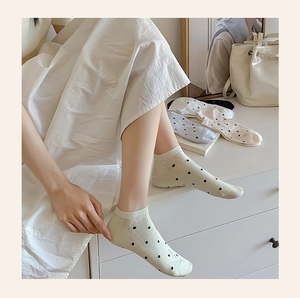 Detailed view of polka dot low-cut invisible socks in various soft pastel colors