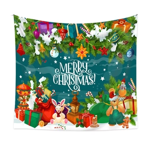 Detailed view of Merry Christmas wall tapestry with festive gift and teddy bear prints