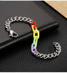 Macro detail of silver steel chain with rainbow acrylic links on black leather