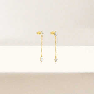 Close-up of S925 silver stamp on gold plated tassel earrings with marquise zircon