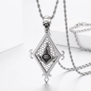 Gothic silver rhombus pendant necklace with skull and Masonic eye of providence