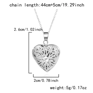 Detailed size chart for silver heart locket pendant necklace with CZ stone