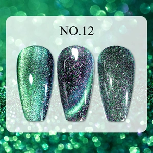 Detailed close-up of green-purple cat eye nail polish swatches with sparkling glitter effect