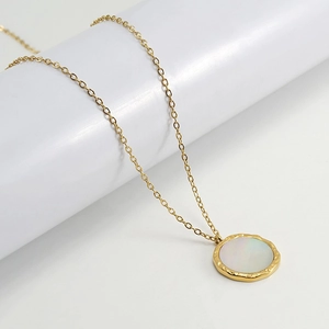Collana Con Ciondolo In Madreperla Tonda Acciaio Inossidabile Placcato Oro Trama Martellata Gioielli In Conchiglia Per Donna Elegante Minimalista