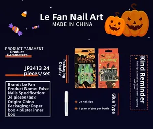 Detail of 24pcs Halloween press on nails featuring pumpkin and spider web designs