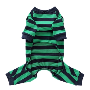 Detail of green and blue striped dog pajamas showing ribbed cuffs and four-legged design