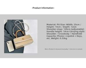 Detailed size guide for stone pattern handbag with bamboo handle and dimensions