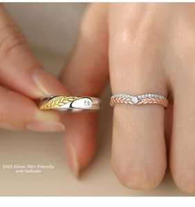 Detail of S925 silver wheat ear rings with zircon inlay and two-tone plating for couples