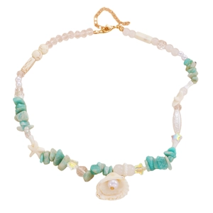 Summer beach shell and turquoise beaded necklace with starfish charms and pearls