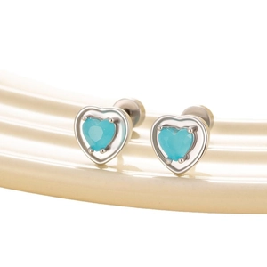 Blue heart zircon stud earrings with silver titanium steel screw back for women