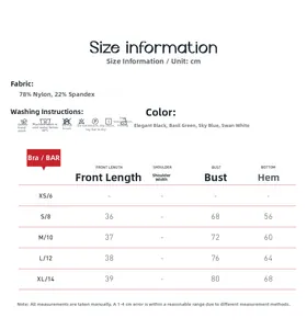 Detailed size chart for high-impact sports bra with fabric specifications and dimensions