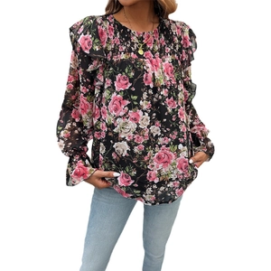 Women floral long sleeve chiffon blouse with rose print and ruffled elastic bodice detail