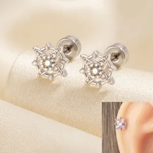 Star Ear Cartilage Stud Titanium Steel Copper Micro Pave Cubic Zirconia Iridescent Stone Helix Piercing Screw Back