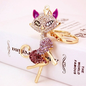 Charming gold-tone metal cat keychain with purple and pink crystal rhinestones
