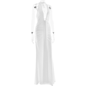 Detail view of white deep V-neck halter maxi dress with ruched waist and front slit