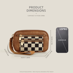 Brown leather wristlet with checkered pattern and dimensions compared to iPhone