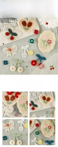 Macro detail of cherry and tulip embroidery patches showing fine thread and lace texture