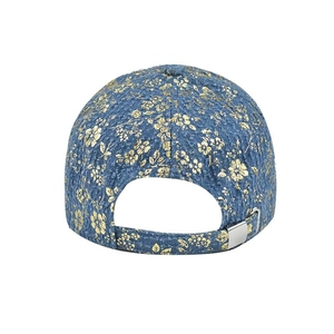 Blue denim baseball cap with gold floral patterns and adjustable silver metal back buckle