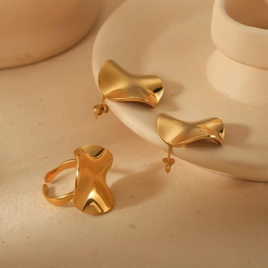 Irregular Wave Wrinkled Surface Stud Earrings And Open Adjustable Ring 18K Gold Plated Stainless Steel Modern Jewelry Women