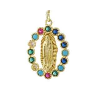 Detail view of gold-plated Virgin Mary pendant with colorful encrusted rhinestones